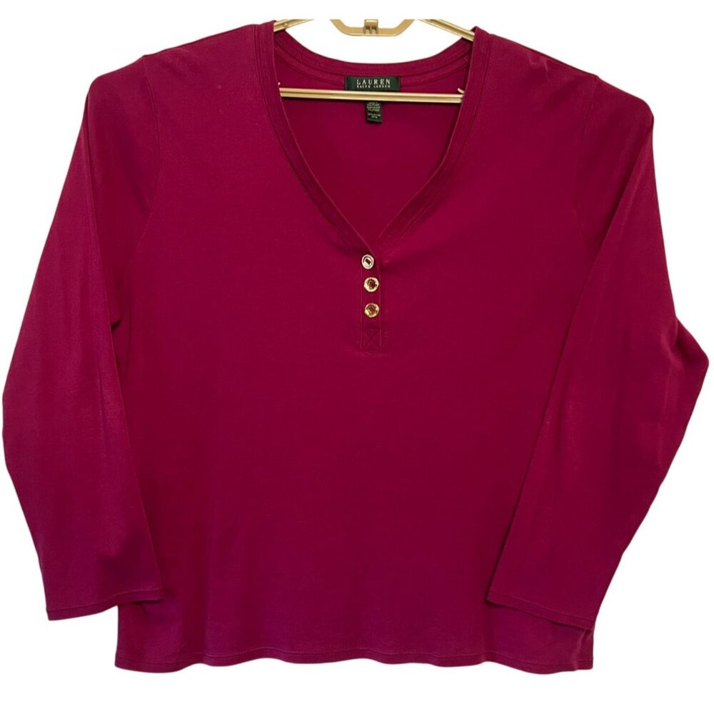 Lauren Ralph Lauren 3X Womens Burgundy Cotton Long Sleeve Henley Top Popover